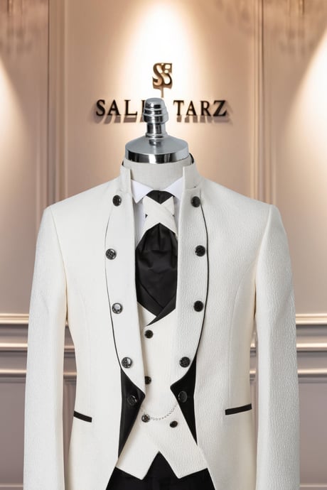 Groom's Suit Italian Cut Slim Fit Patterned White SD41095