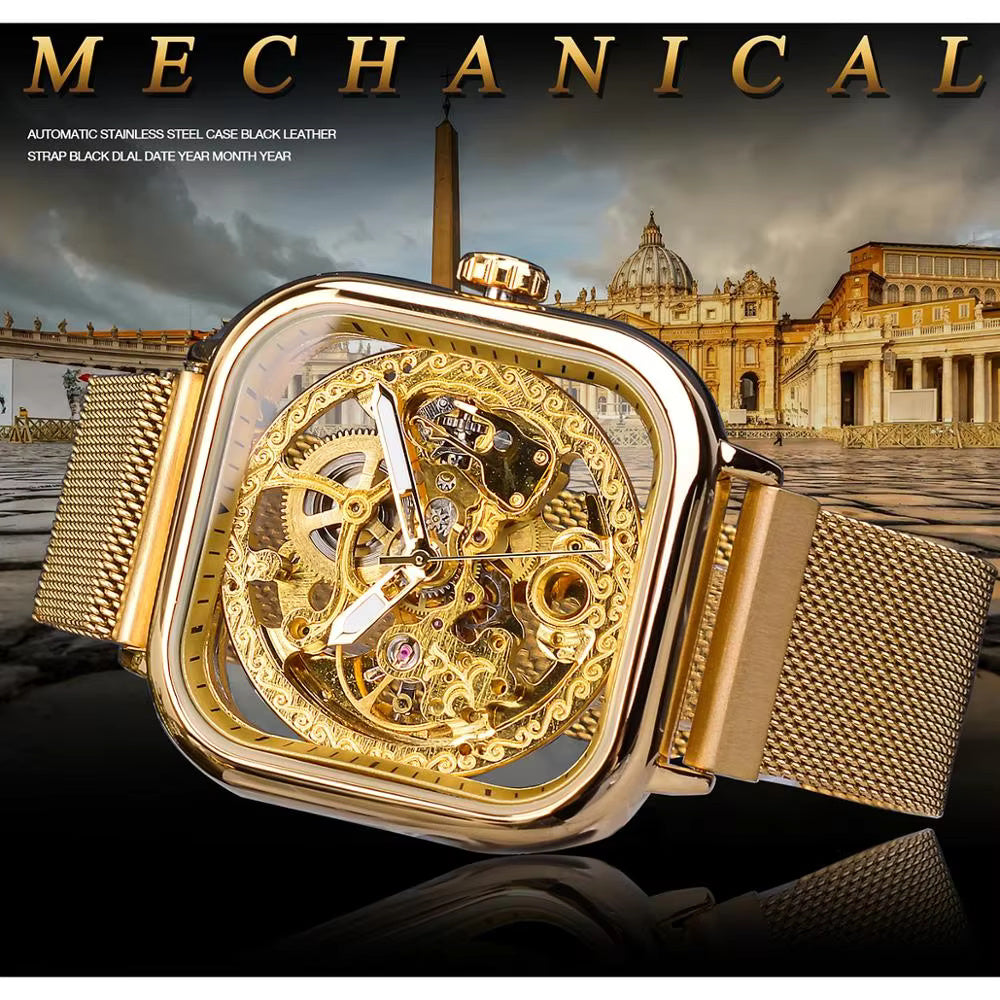 1055 Forsining Men Mechanical Watches Automatic Self-Wind Golden Transparent Fashion Mesh Steel Wristwatch Skeleton Man Male Hot Hour
