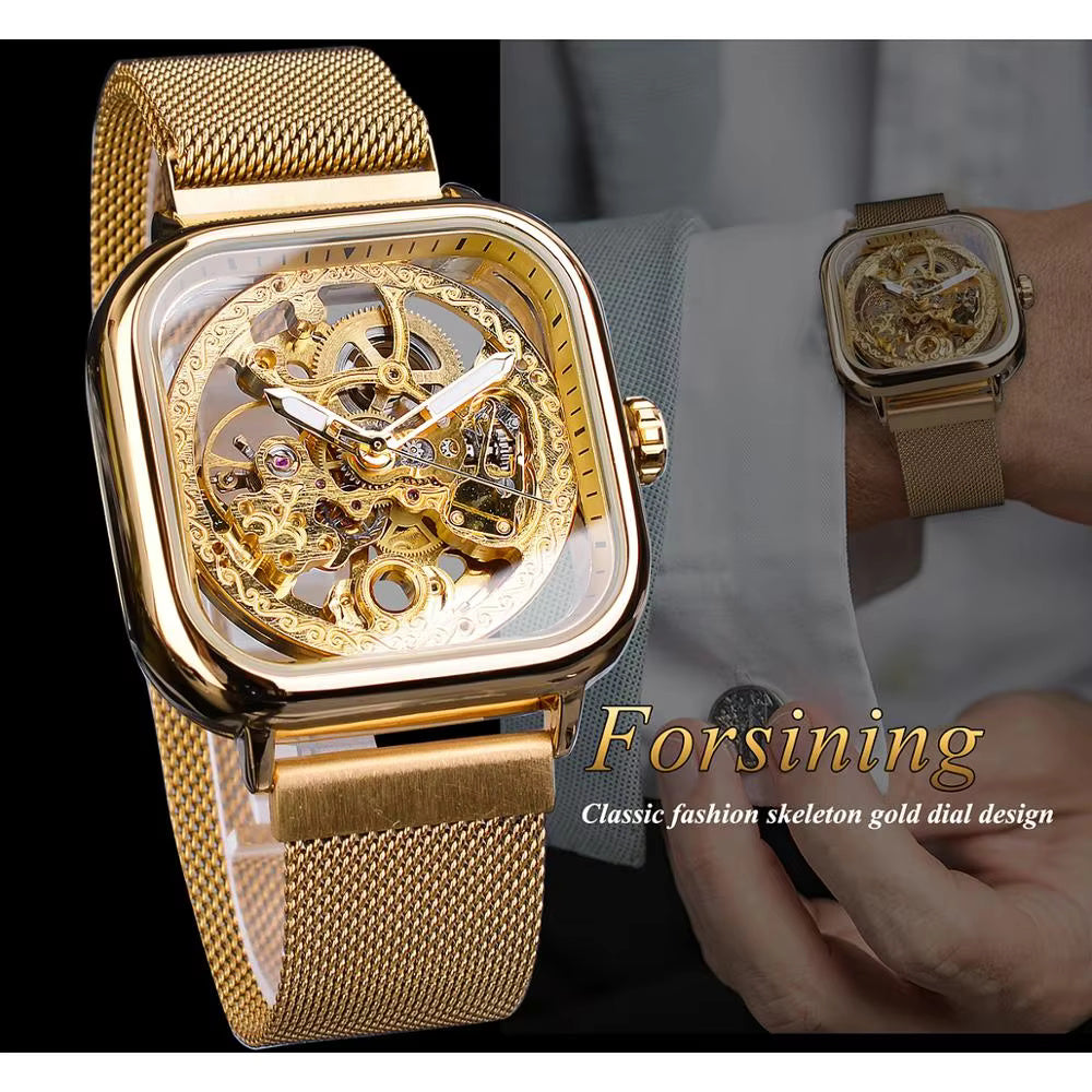 1055 Forsining Men Mechanical Watches Automatic Self-Wind Golden Transparent Fashion Mesh Steel Wristwatch Skeleton Man Male Hot Hour