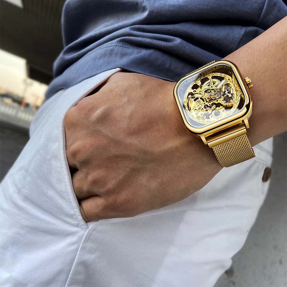 1055 Forsining Men Mechanical Watches Automatic Self-Wind Golden Transparent Fashion Mesh Steel Wristwatch Skeleton Man Male Hot Hour