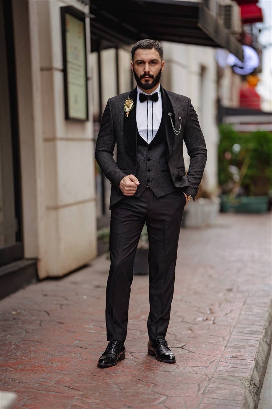 Italian Cut Slim Fit Groom Suit Full Set Patterned Black SD3406