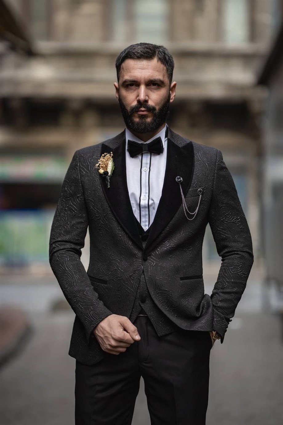 Italian Cut Slim Fit Groom Suit Full Set Patterned Black SD3407