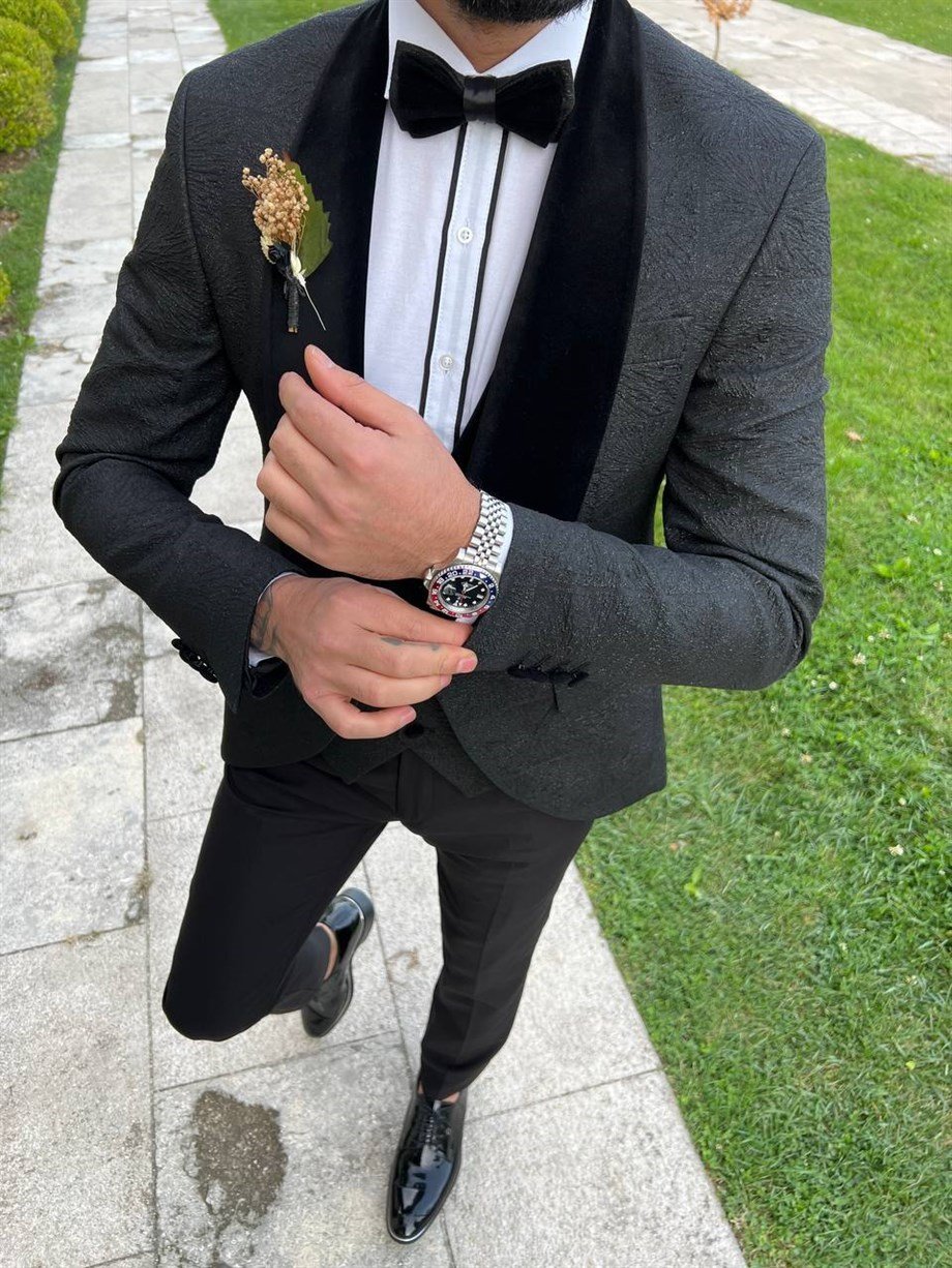 ITALIAN CUT SLIM FIT GROOM SUIT FULL SET BLACK SD3401