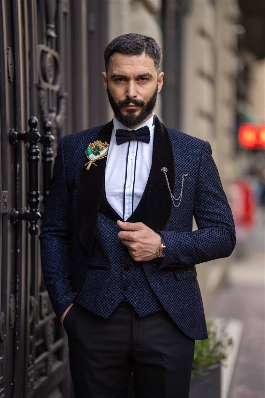 Italian Cut Slim Fit Groom Suit Full Set Patterned Blue SD3419
