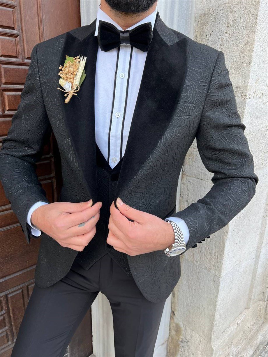 ITALIAN CUT SLIM FIT GROOM SUIT FULL SET BLACK SD3416