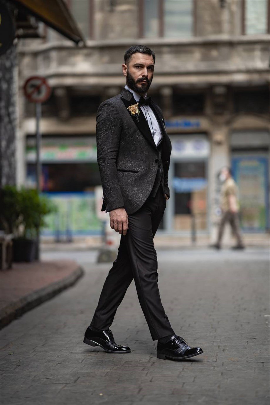 Italian Cut Slim Fit Groom Suit Full Set Patterned Black SD3407