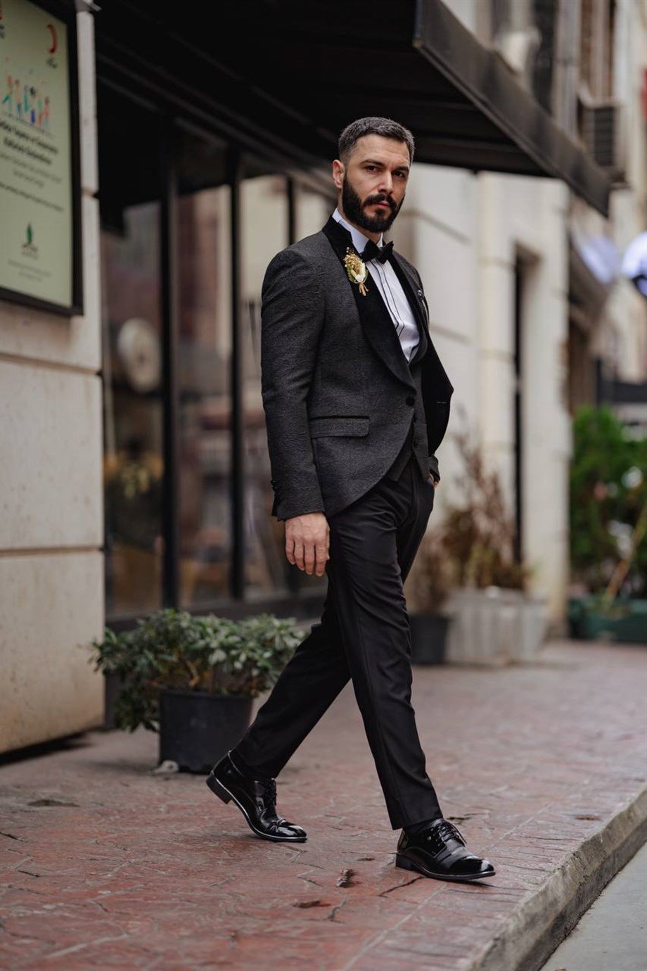Italian Cut Slim Fit Groom Suit Full Set Patterned Black SD3406