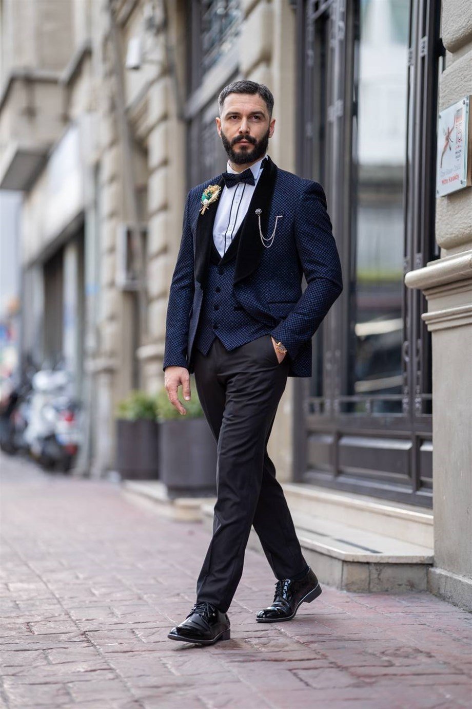Italian Cut Slim Fit Groom Suit Full Set Patterned Blue SD3419