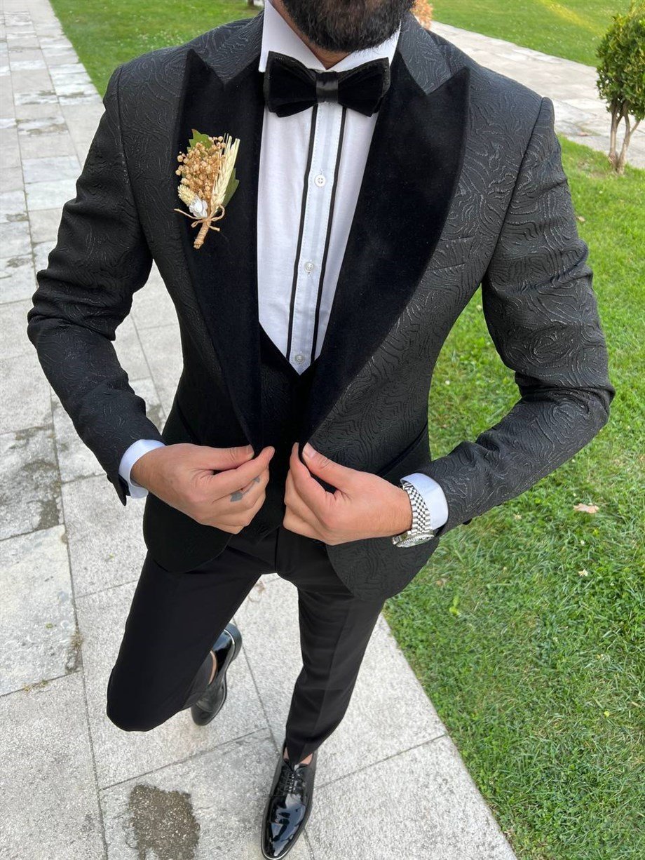 ITALIAN CUT SLIM FIT GROOM SUIT FULL SET BLACK SD3416