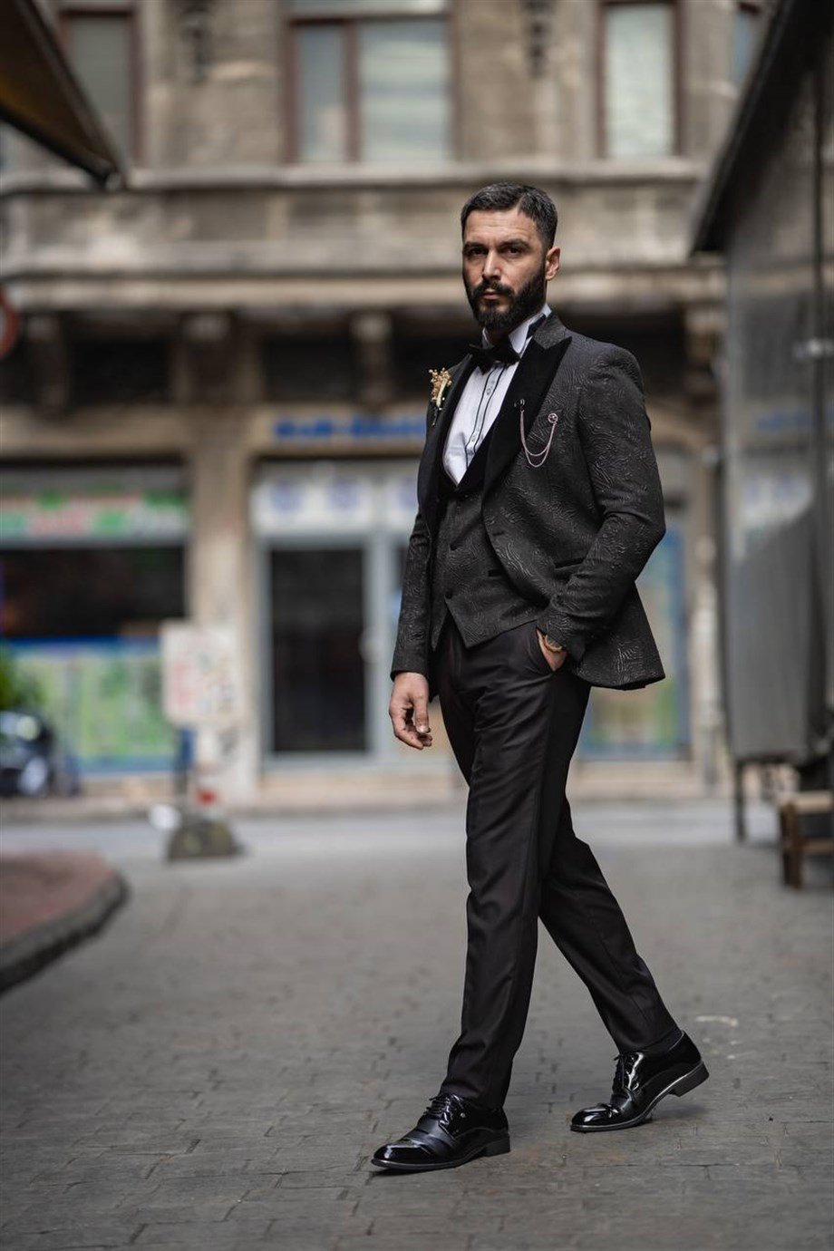 Italian Cut Slim Fit Groom Suit Full Set Patterned Black SD3407