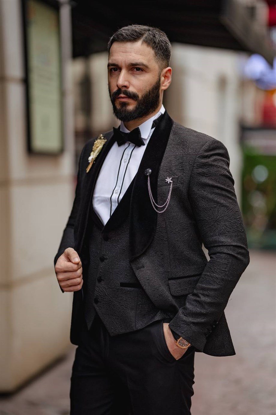 Italian Cut Slim Fit Groom Suit Full Set Patterned Black SD3406