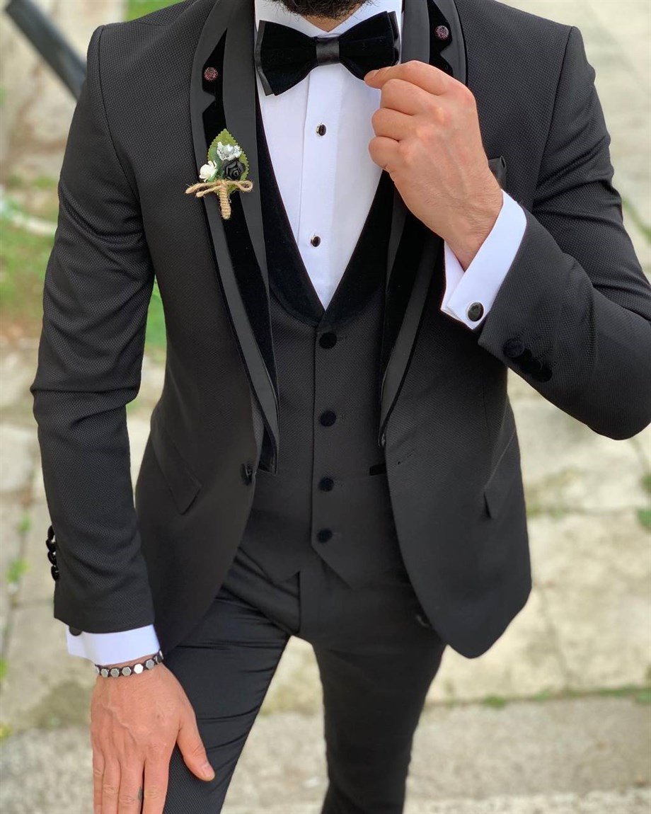 Italian Cut Slim Fit Groom Suit Full Set Black SD3405