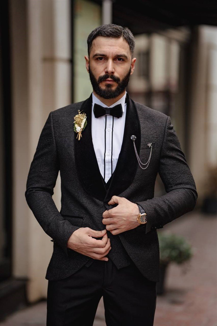 Italian Cut Slim Fit Groom Suit Full Set Patterned Black SD3406