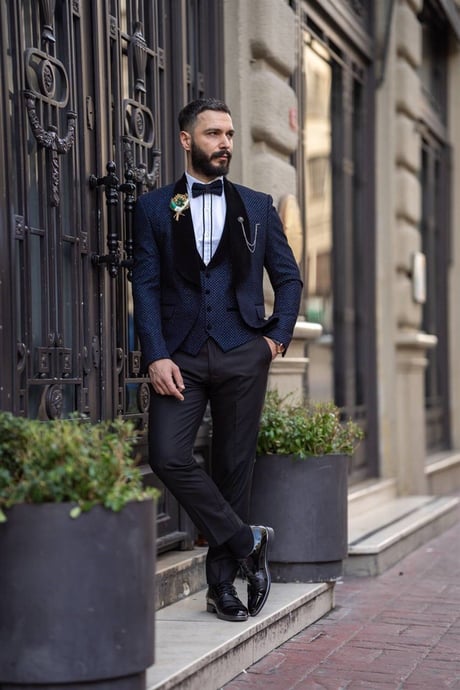 Italian Cut Slim Fit Groom Suit Full Set Patterned Blue SD3419