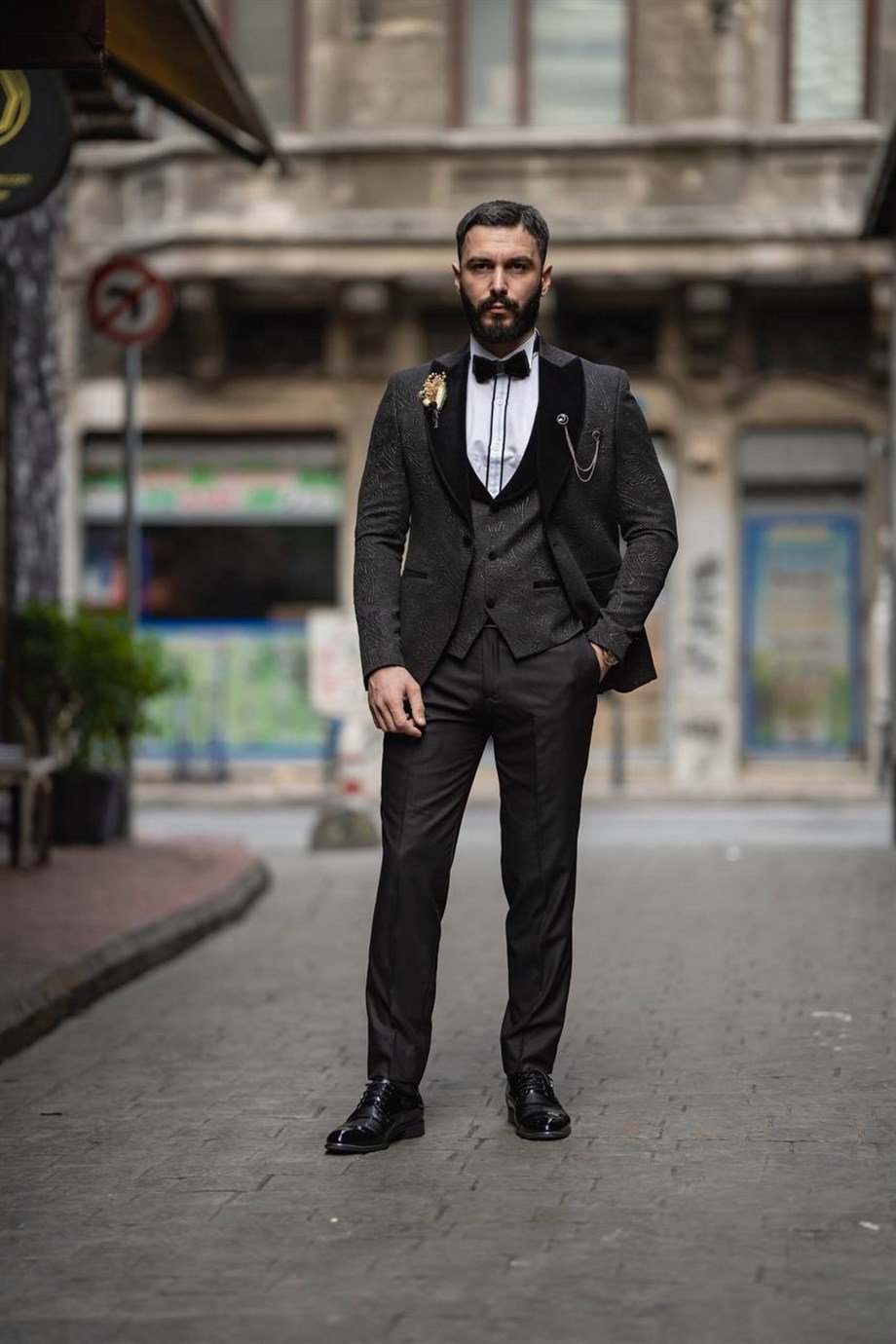 Italian Cut Slim Fit Groom Suit Full Set Patterned Black SD3407