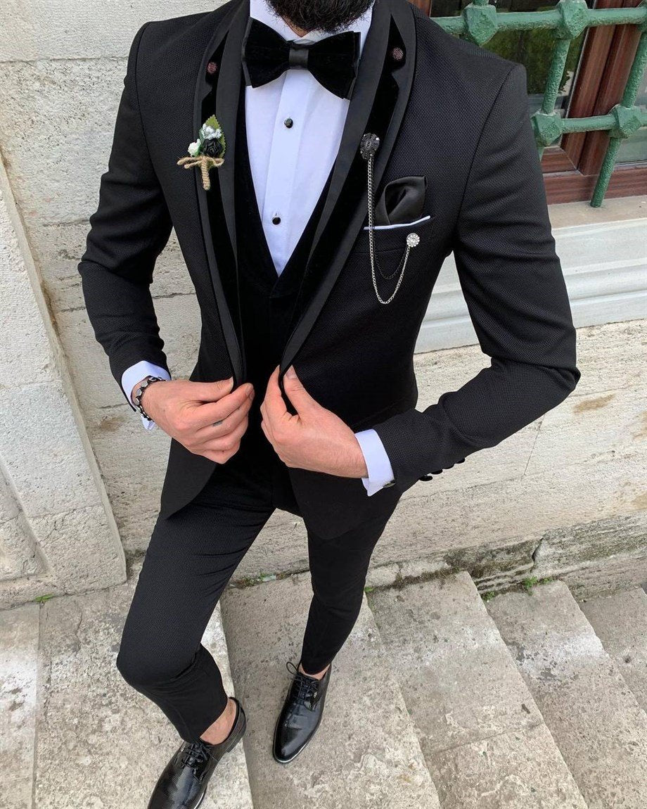 Italian Cut Slim Fit Groom Suit Full Set Black SD3405