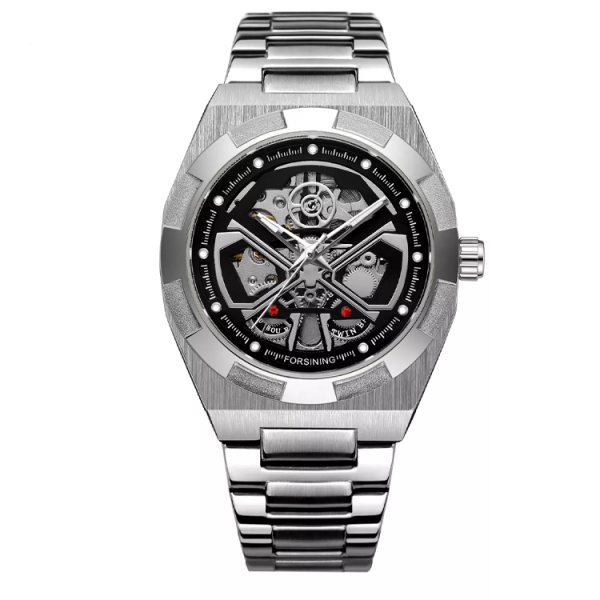 1048 Forsining 344C Automatic Watch for Men Skeleton NEW Model Stainless steel Waterproof Luxury Brand Men's Wristwatches Black