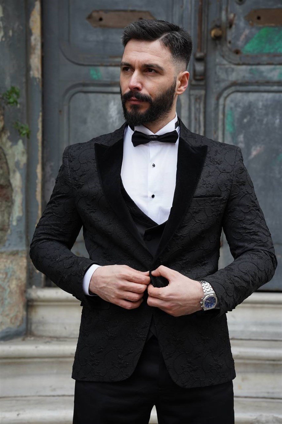 NEW SEASON ITALIAN CUT SLMFIT BLACK PATTERNED TUXEDO GROOM SUIT SD3411