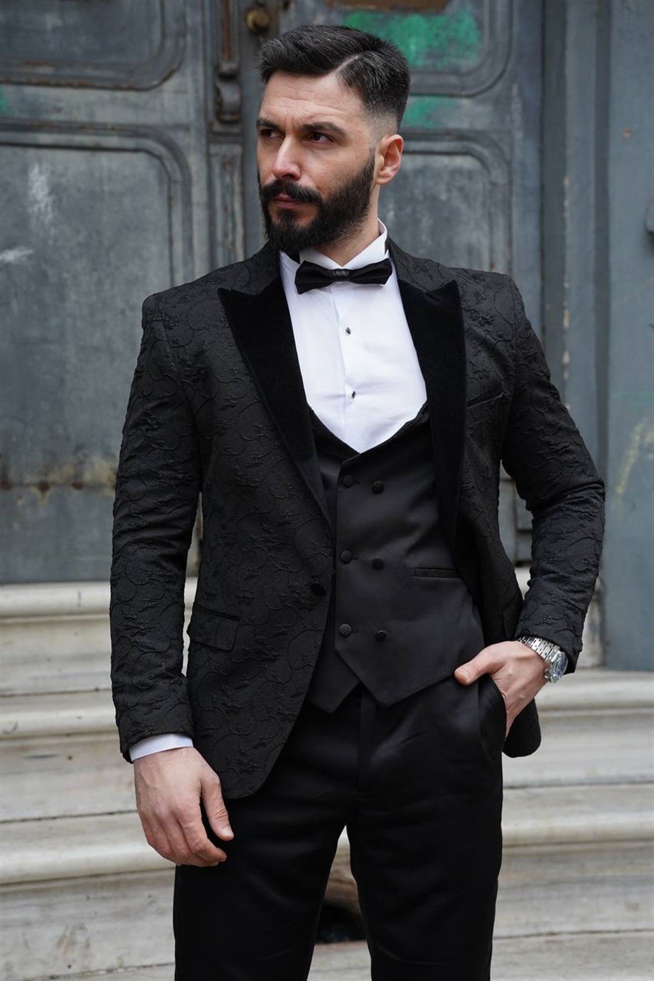 NEW SEASON ITALIAN CUT SLMFIT BLACK PATTERNED TUXEDO GROOM SUIT SD3411