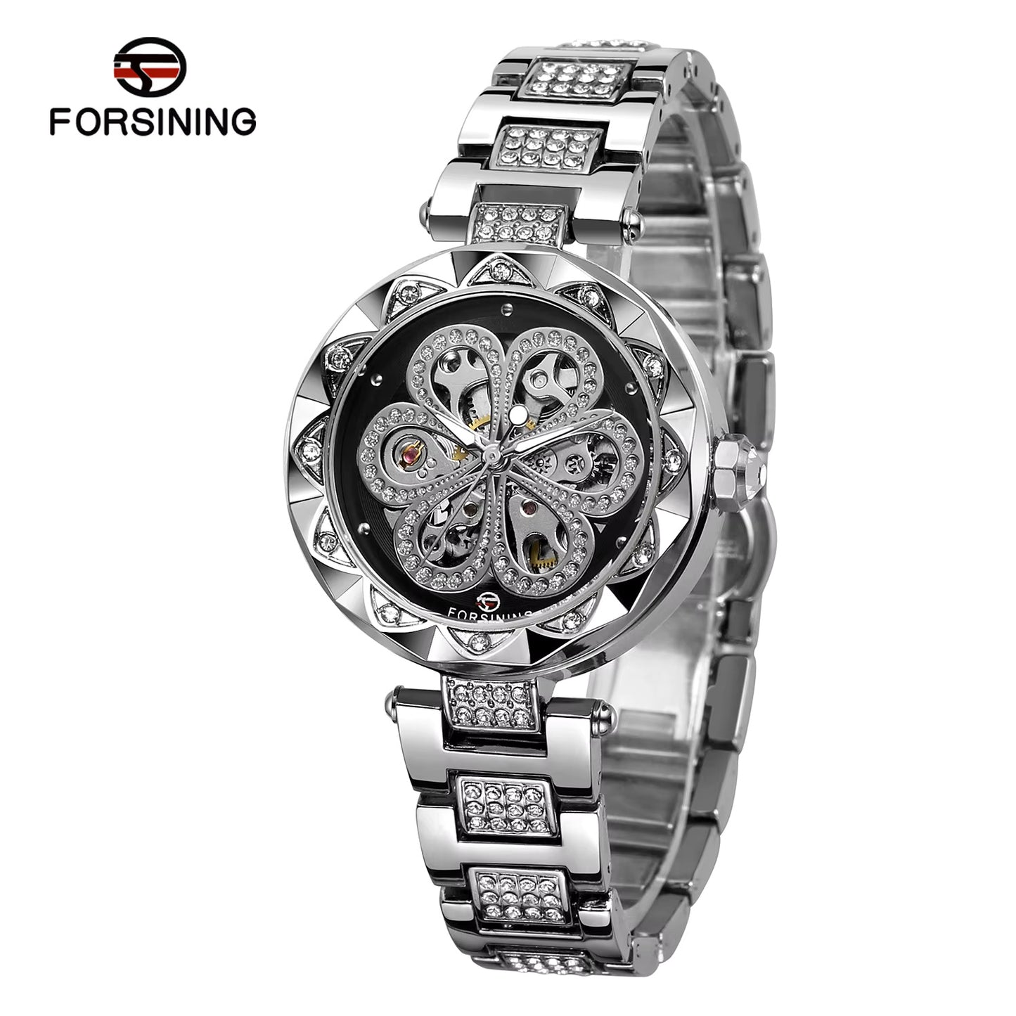 1036 Forsining 342 Mechanical Women's Full Automatic Ladides Flower Watch For Lady Luxury Brand Hand Clock Stainless Steel Wristwatch