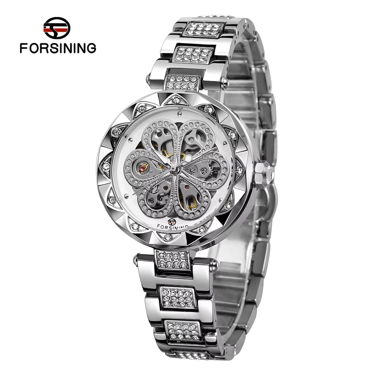 1036 Forsining 342 Mechanical Women's Full Automatic Ladides Flower Watch For Lady Luxury Brand Hand Clock Stainless Steel Wristwatch