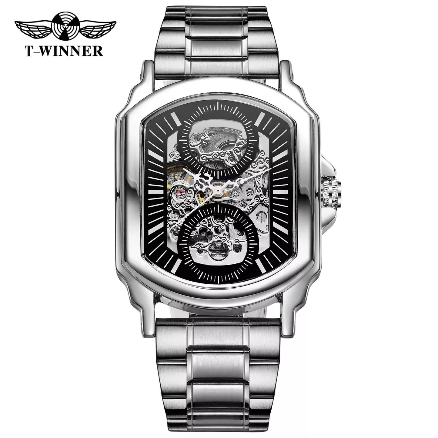 1039 Forsining 385A Silver Skeleton Automatic Mechanical Watch Waterproof Men Wristwatch Stainless Steel Watches Best Gift Clock