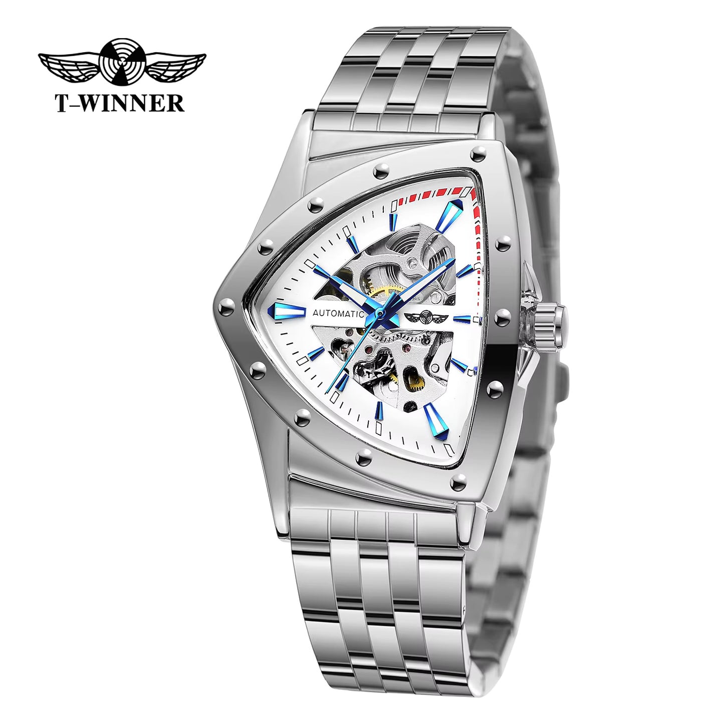 1037 WINNER 395S Men's Mechanical Watch Triangle Skeleton Stainless Steel Strap Waterproof Watches for Men Luxury Business Wristwatch
