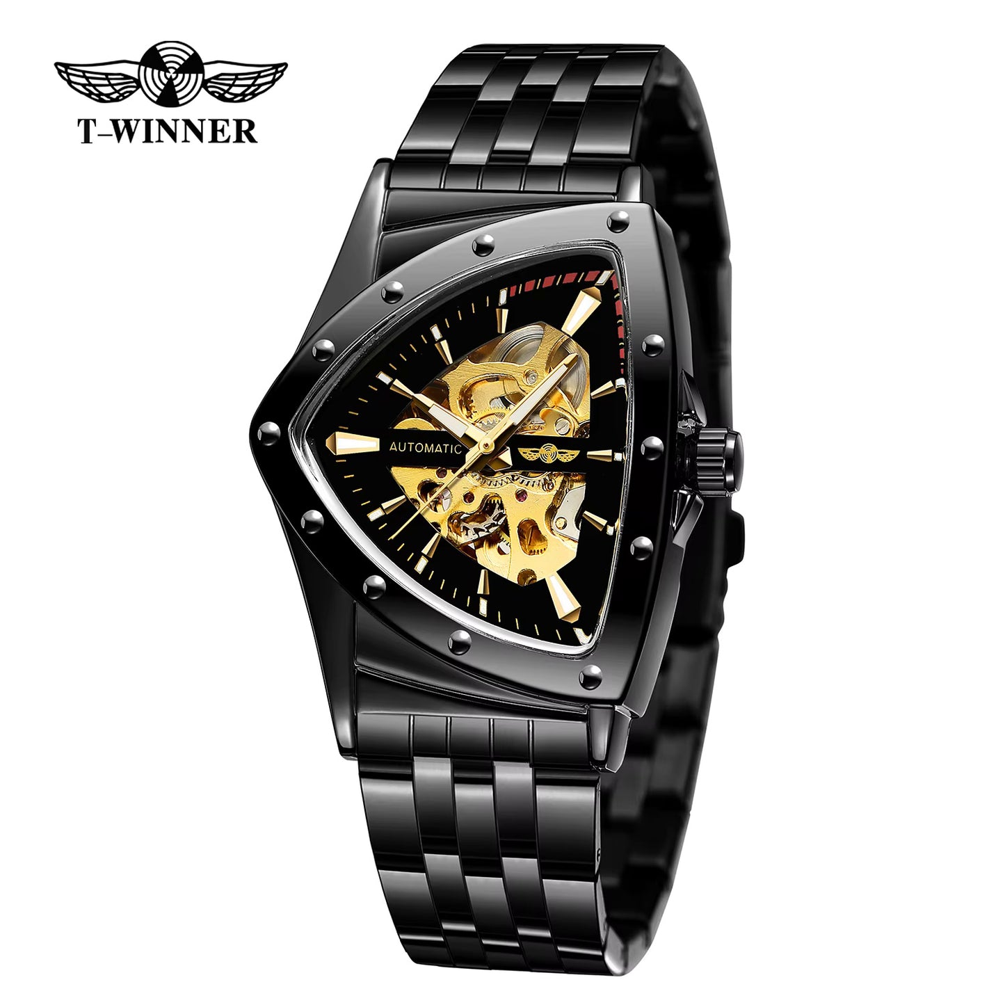 1037 WINNER 395S Men's Mechanical Watch Triangle Skeleton Stainless Steel Strap Waterproof Watches for Men Luxury Business Wristwatch
