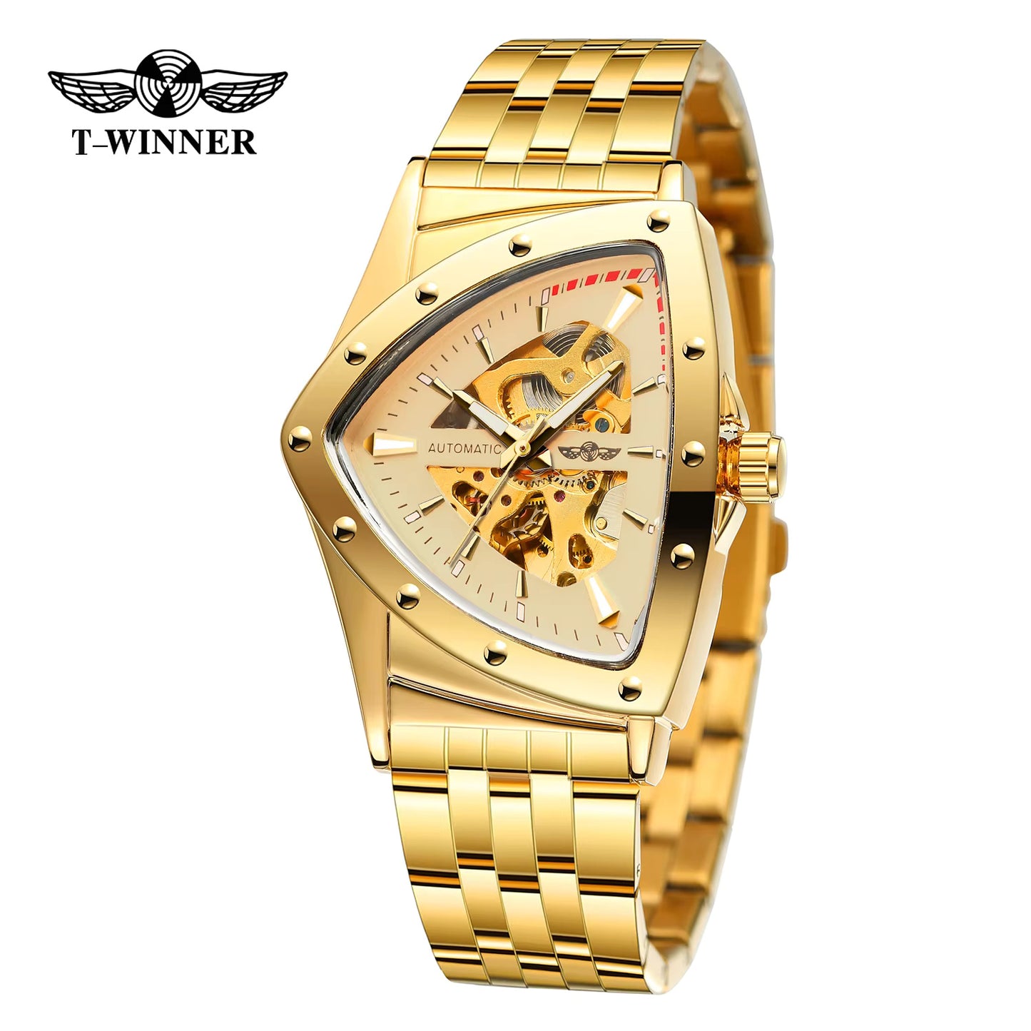 1037 WINNER 395S Men's Mechanical Watch Triangle Skeleton Stainless Steel Strap Waterproof Watches for Men Luxury Business Wristwatch