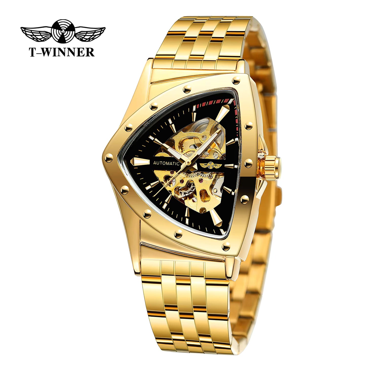 1037 WINNER 395S Men's Mechanical Watch Triangle Skeleton Stainless Steel Strap Waterproof Watches for Men Luxury Business Wristwatch