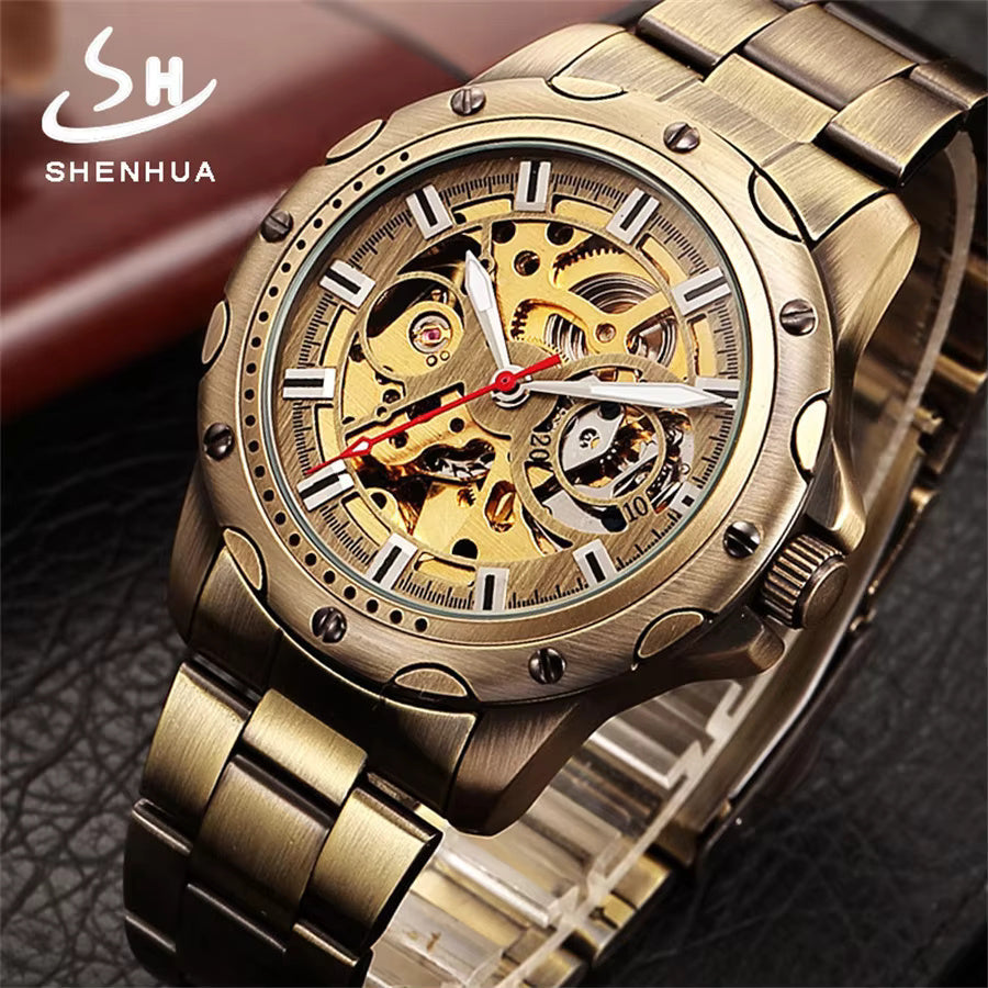 1029 SHENHUA 9536 Men's Automatic Mechanical Watch Bronze Skeleton Casual Men Watches Life Waterproof relogios masculino reloj hombre
