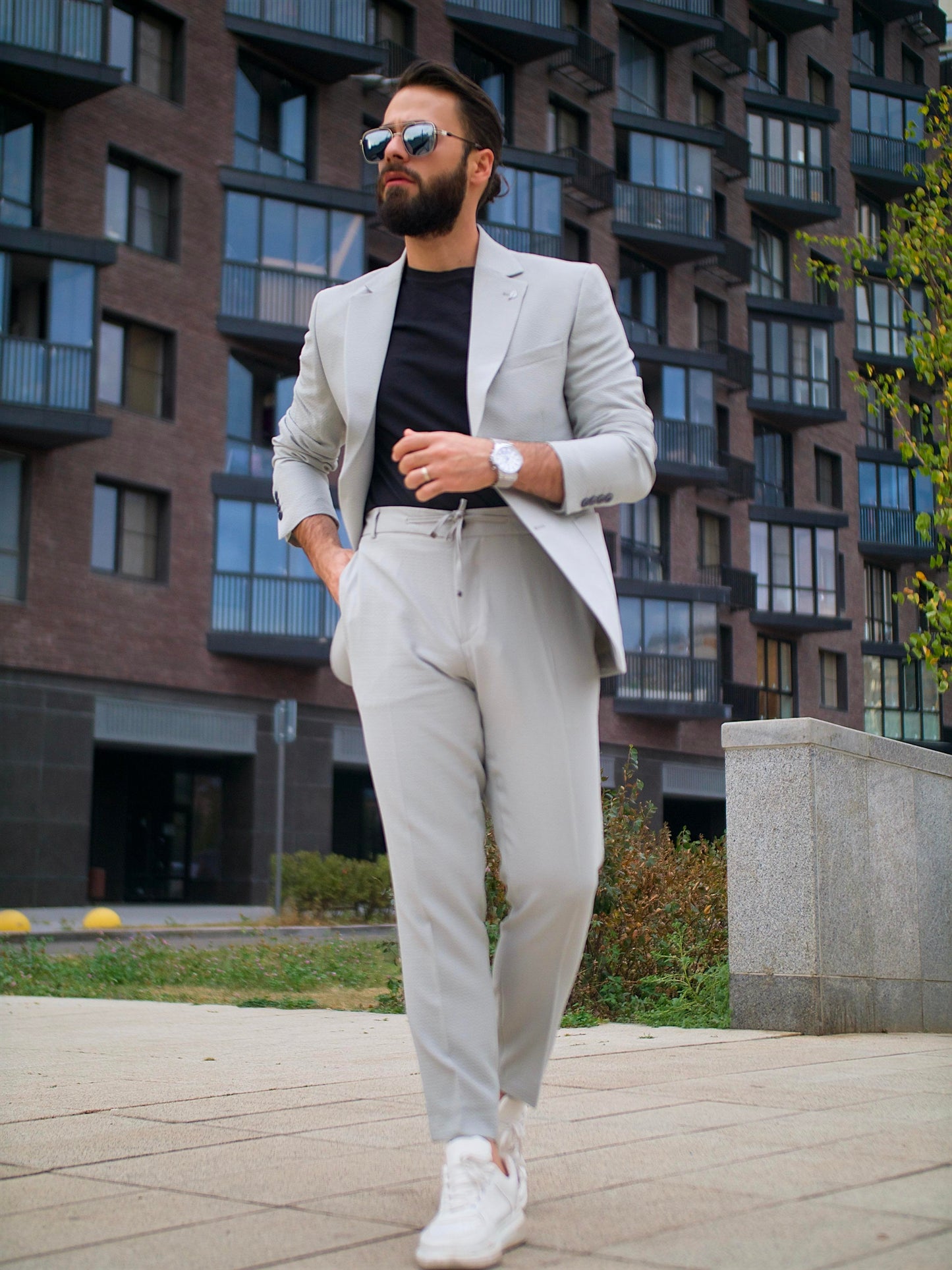 Suit Italian Cut Seersucker Drawstring SlimFit Stone SD41038