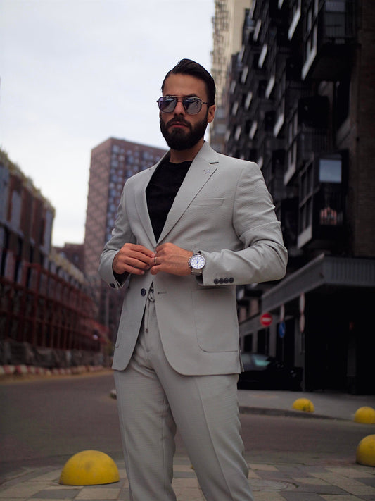 Suit Italian Cut Seersucker Drawstring SlimFit Stone SD41038