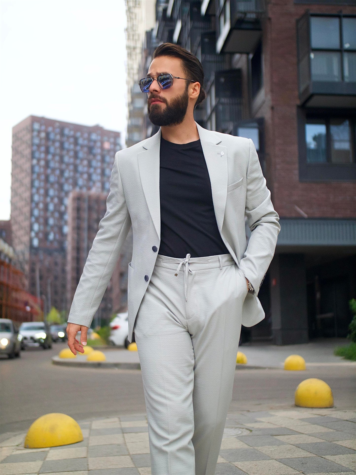 Suit Italian Cut Seersucker Drawstring SlimFit Stone SD41038