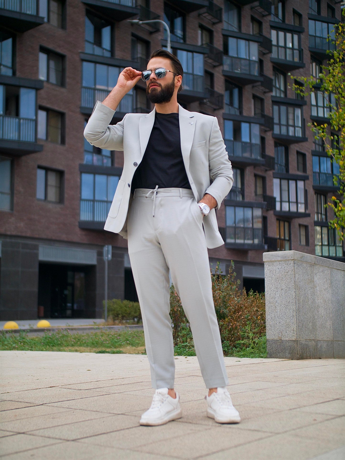 Suit Italian Cut Seersucker Drawstring SlimFit Stone SD41038