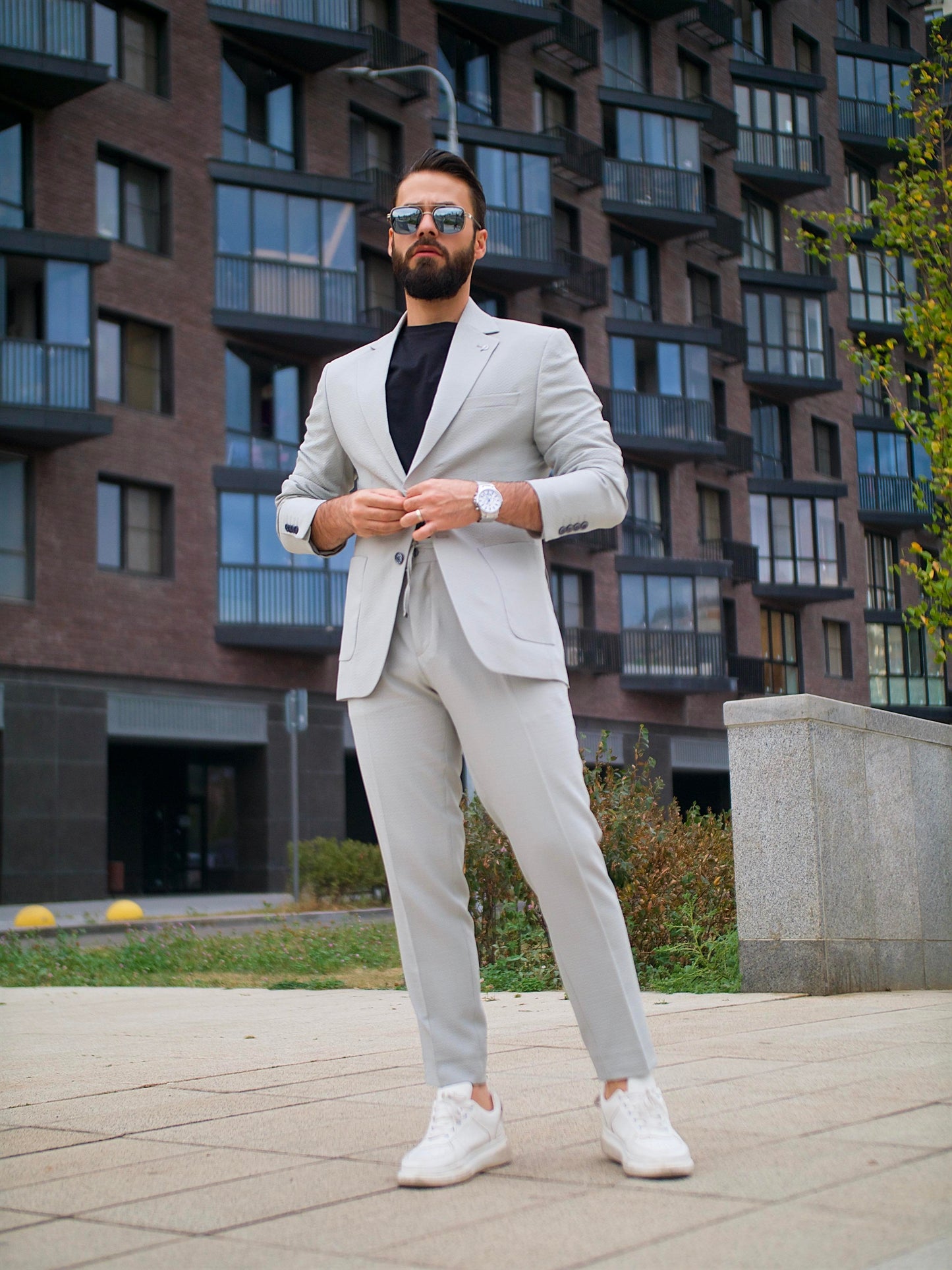 Suit Italian Cut Seersucker Drawstring SlimFit Stone SD41038