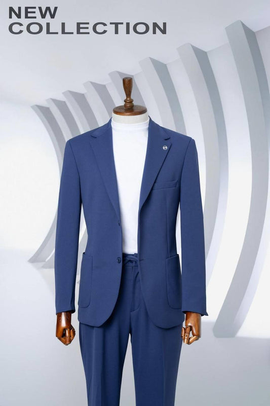 Suit Italian Cut Seersucker Drawstring SlimFit Navy Blue SD41040