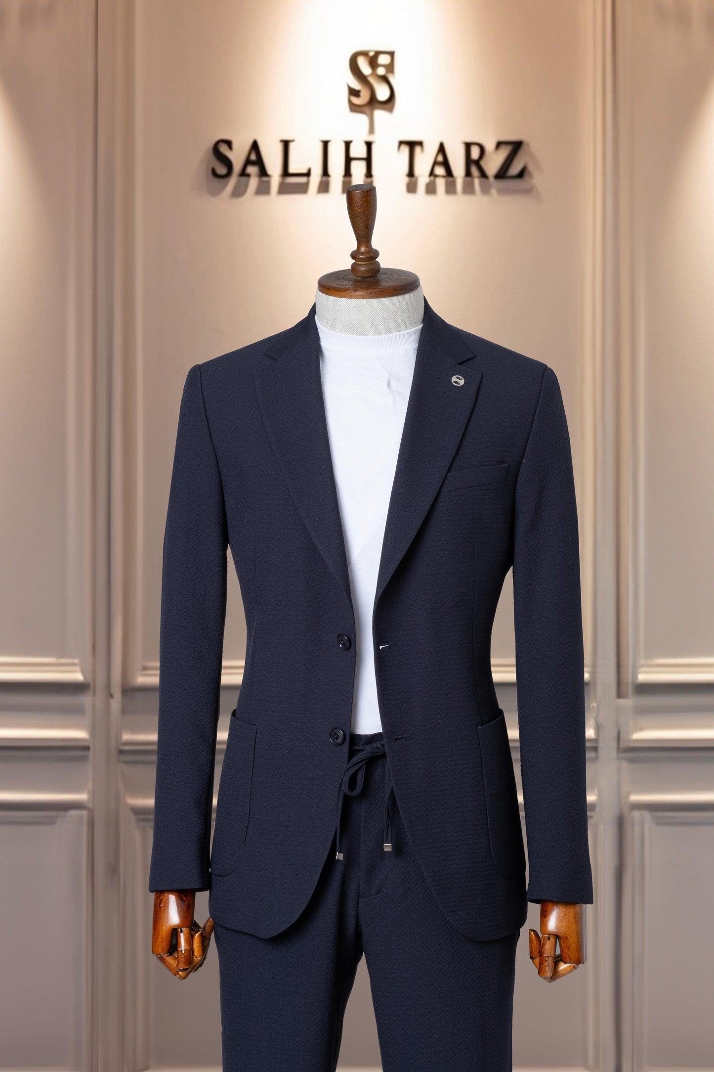 Suit Italian Cut Seersucker Drawstring SlimFit Navy Blue SD41044