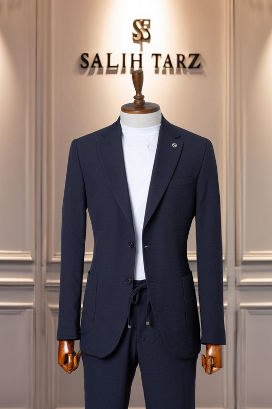 Suit Italian Cut Seersucker Drawstring SlimFit Navy Blue SD41044