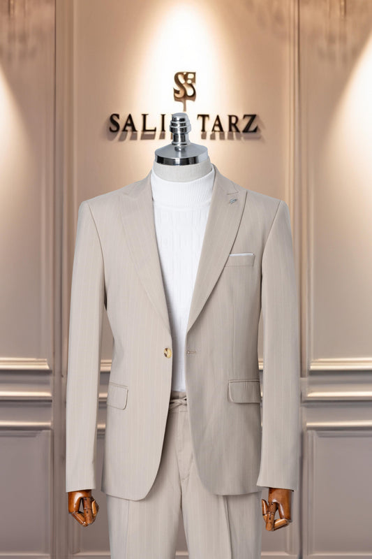 Suit Italian Cut Sports Drawstring SlimFit Striped Cream SD41084