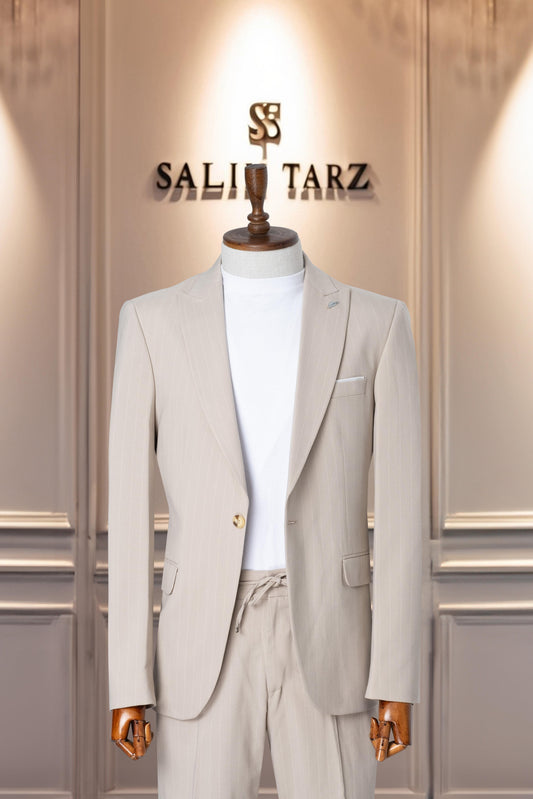 Suit Italian Cut Sports Drawstring SlimFit Striped Cream SD41085