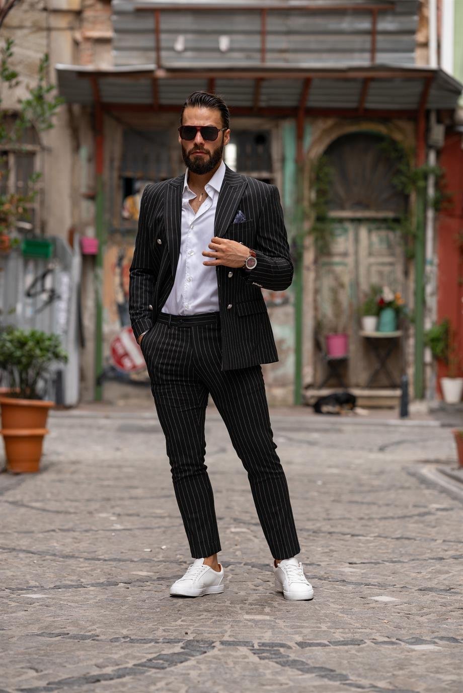 Suit Italian Cut Double Breasted Black Striped SD4984