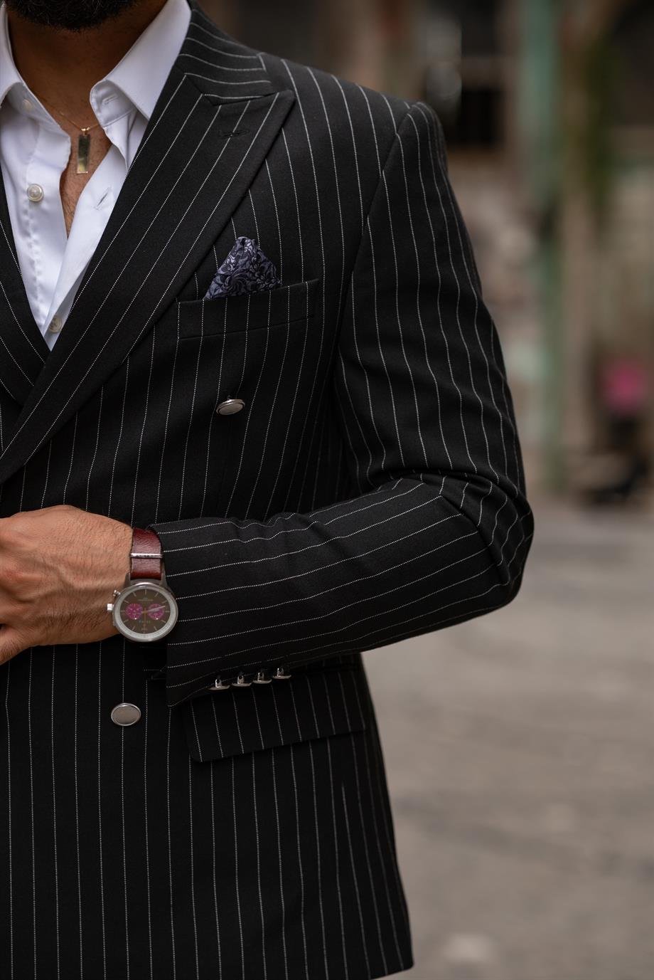 Suit Italian Cut Double Breasted Black Striped SD4984
