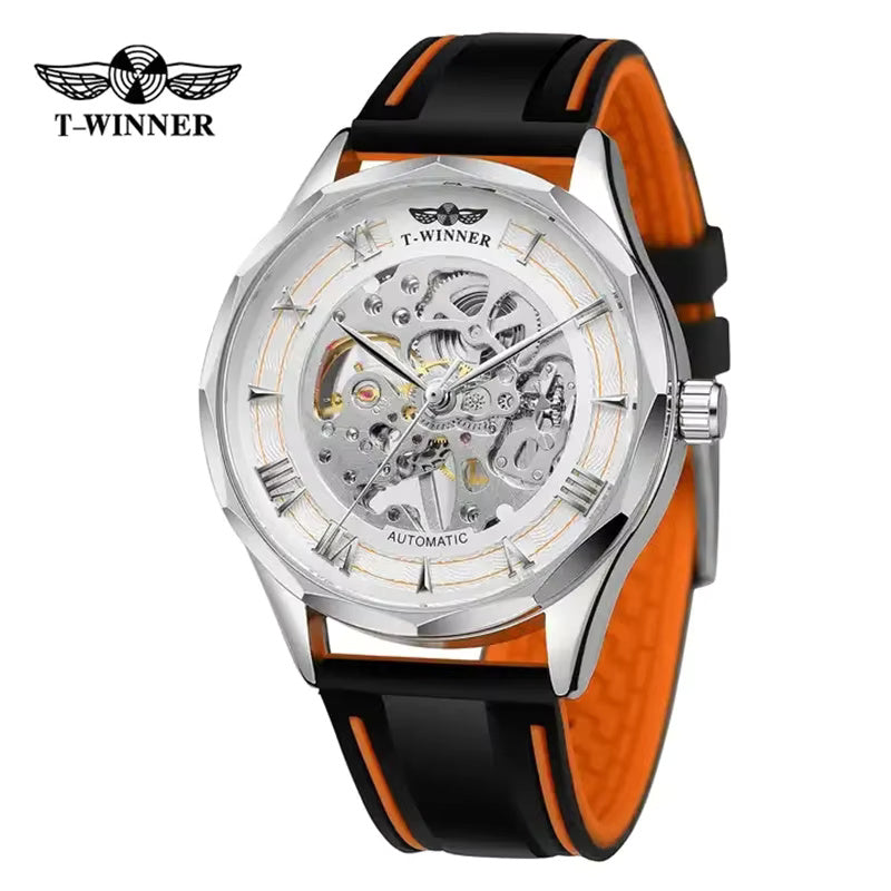 1042 Winner 357 Men's Mechanical Watch 3Bar Waterproof Silicone Strap Casual Wristatches Man Clock New Hand Wind Nice Gift